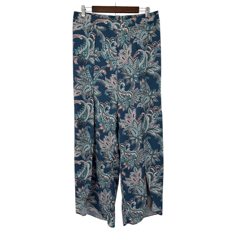 Cato Boho Paisley Wide Leg Pants Women L Split Front Palazzo Stretch Waist Flowy